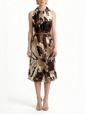 New Ann Taylor 100% Silk Halter Midi Dress Brown Abstract Print Pleated Neck